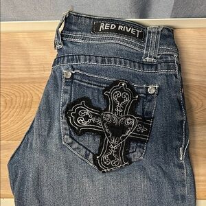 Red Rivet Denim Jeans with Black Embroidered Cross for womens size 1